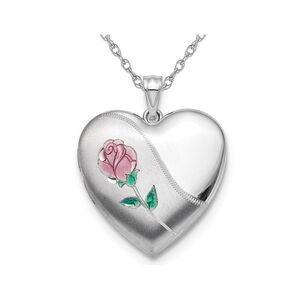 Sterling Silver Heart Enamel Rose Locket Pendant with Chain
